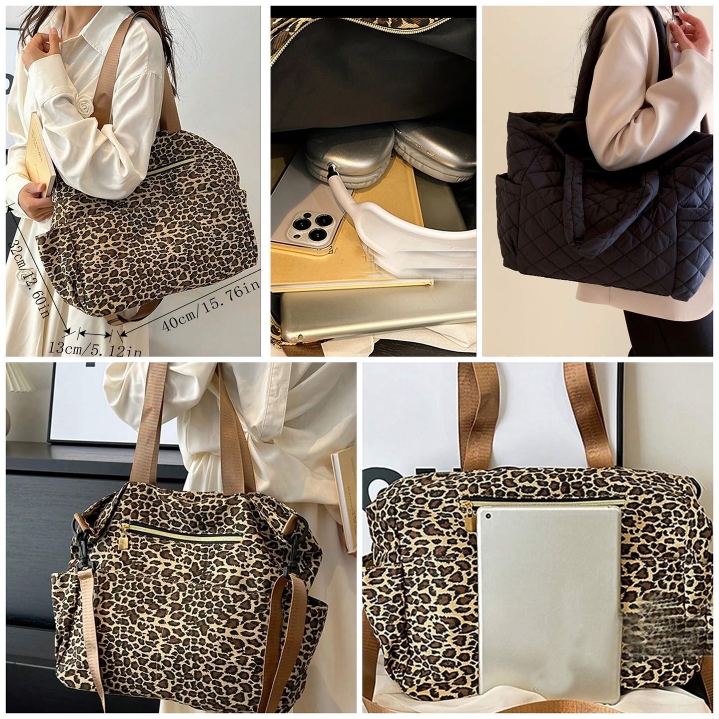 Large Capacity Fashionable Leopard Pattern Casual Tote Handbag For Women, Fashion Leopard Print Bag, Large School Tote Bag, Multiple Compartments, Perfect For Beach, School, Work & Daily Use COCOMONEY