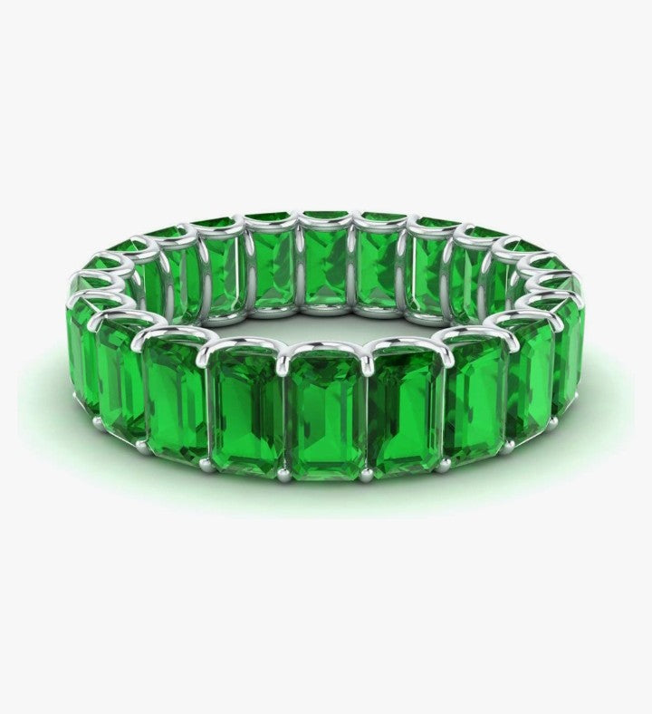 COCOMONEY Natural and Certified Gemstones Wedding Ring in 14K White Gold | Emerald Cut Full Eternity Stackable size 7