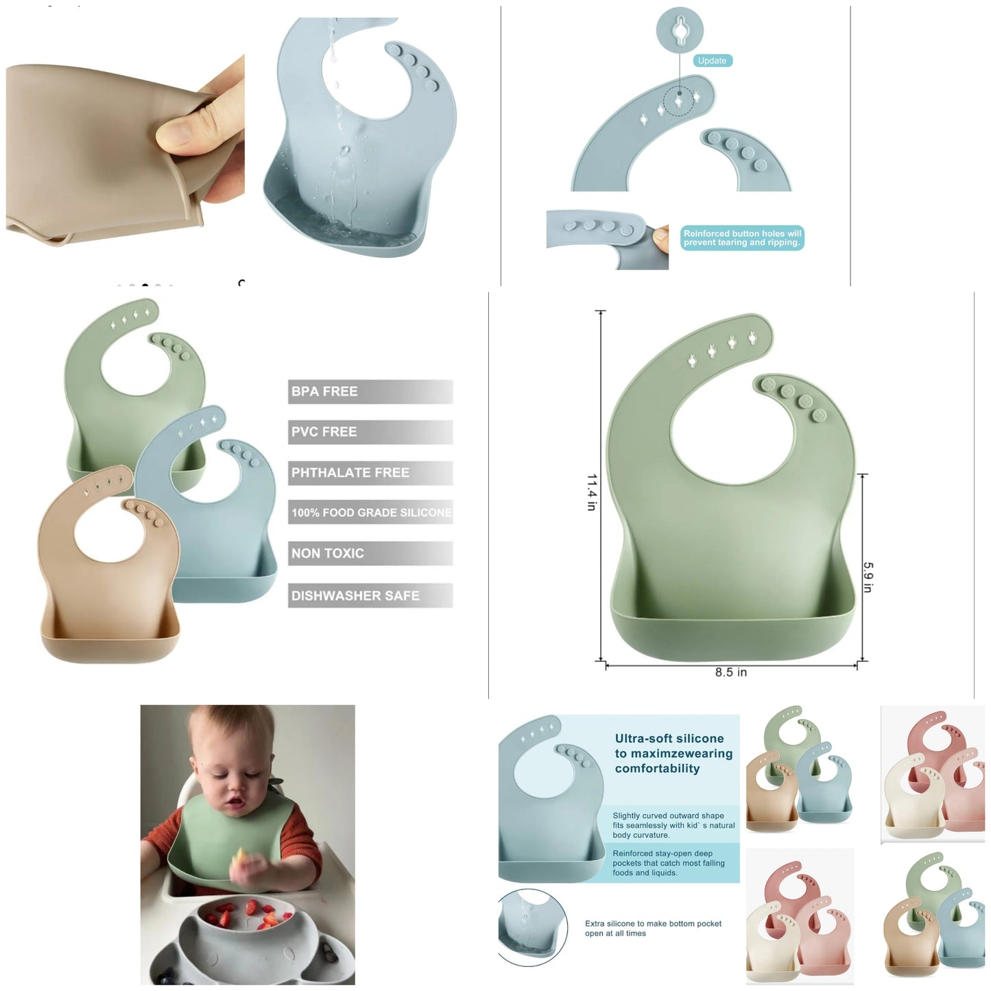 Set of 3 Silicone Baby Bibs Waterproof, Soft, Unisex, 10-72 Months