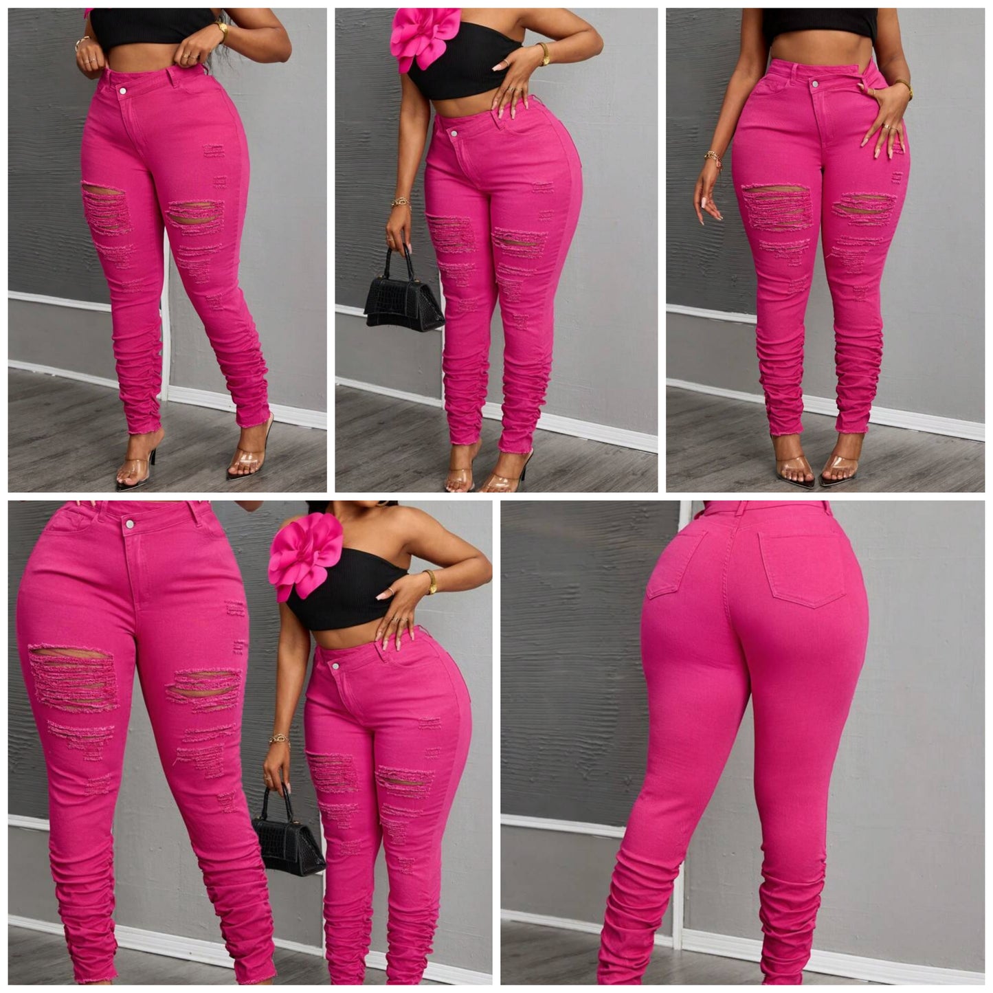 Elastic Dusty Rose Ripped Tight Fit Jeans Women Summer Outfits Pink Jeans COCOMONEY