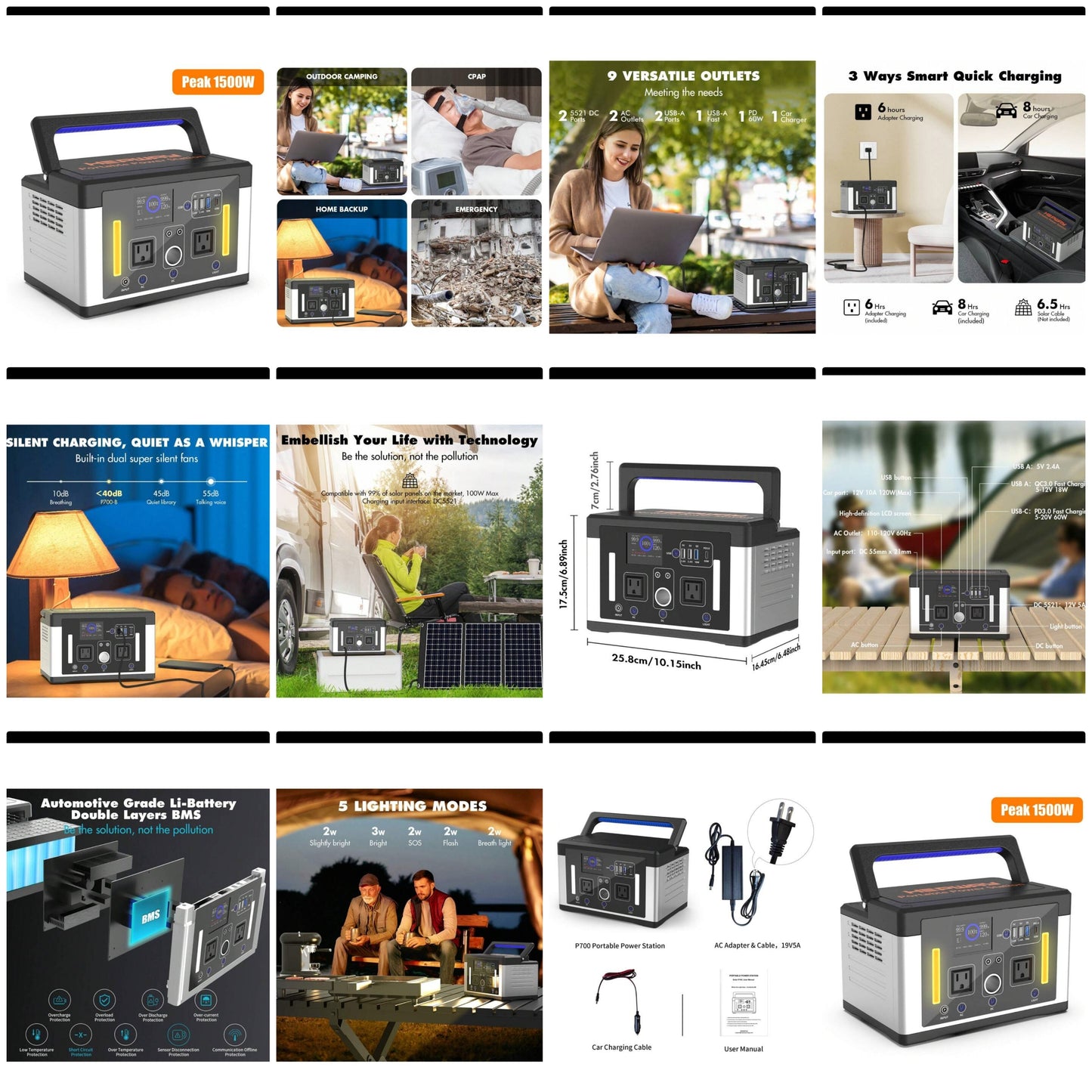 Hepway Portable Power Station, 1500W Peak Solar Power Bank Large Capacity , Euler P700-B 700W 12lb Solar Generator Power Charger, 577Wh BMS Automotive Grade Lithium Battery With 2x 110V Pure Sine Wave AC Outlets(Peak 1000W), Support 5521 Port PD 60W USB-C