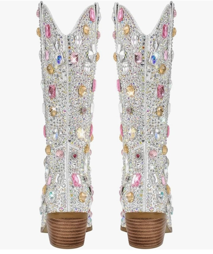 Sparkly Rhinestones Cowboy Cowgirl Style Boots Calf High Boots for Women 2INCH Heeled Shining