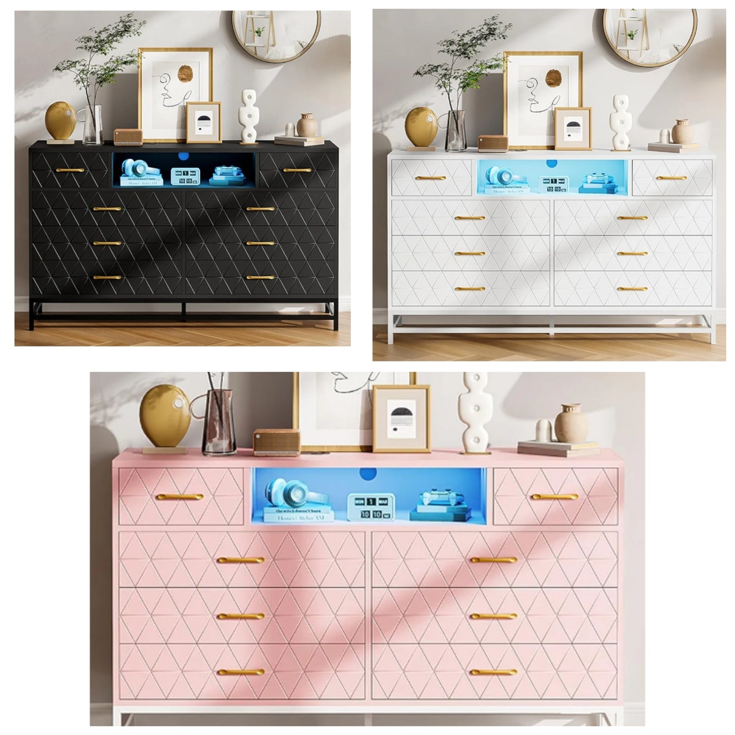 Dresser for Bedroom, 8 Drawer Dresser with Power Outlet, 55" Tv Stand Large Dresser Wooden with Led Light, Modern Dresser with Deep Drawers, Long Wide Chest of Drawers Storage Dresser