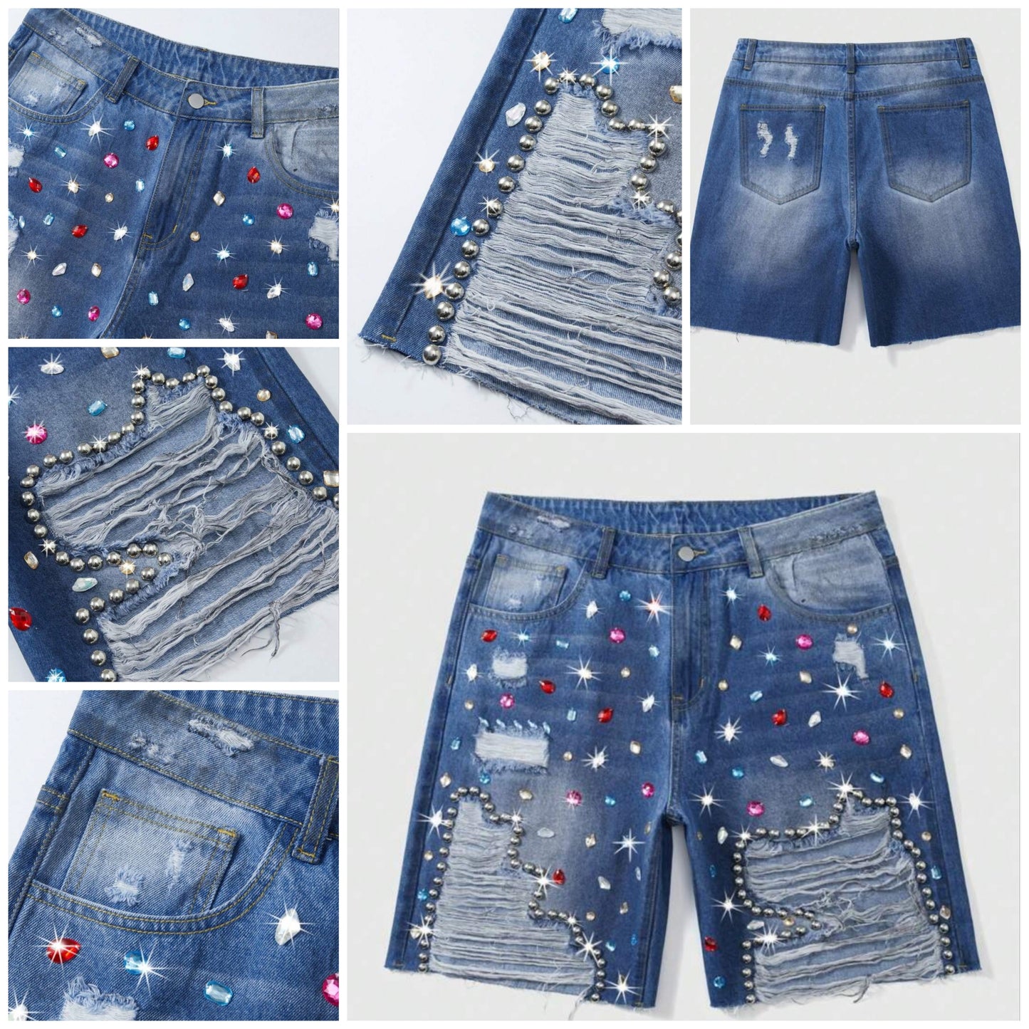 Men's Diamond Decor Washed Distressed Denim Jeans Shorts COCOMONEY