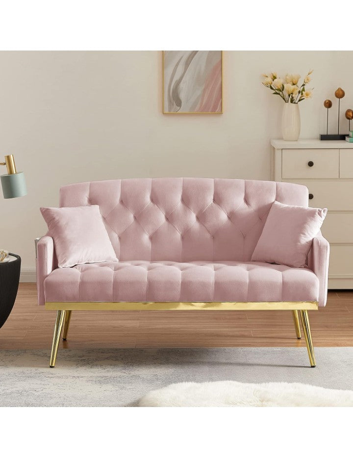 Upholstered Loveseat Sofa, Modern Small Sofa Couch with Side Pocket and Golden Metal Legs, Tufted Leisure Sofa for Living Room, Bedroom, Office, Cream White Teddy
