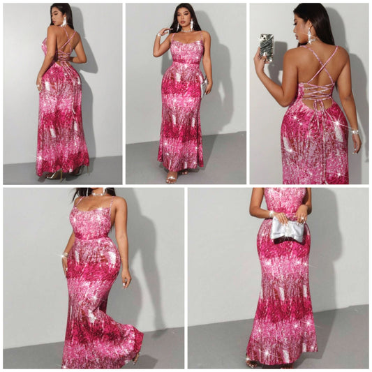 Plus Size Ombre Sequin Print Spaghetti Strap Backless Dress, Sexy & Elegant Party Dress With Tied Straps, Featuring Valentine's Day Elements: Rose, Heart, Polka Dot, Love, Lip, Cupid, 48D Flower