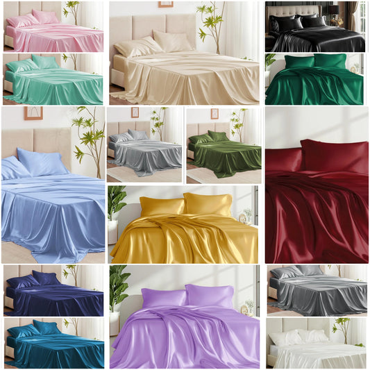 4 Piece Pink Silky Satin Sheets Set with Deep Pocket, Luxury Satin Sheet Set (1 Flat Sheet,1 Fitted Sheet,2 Pillow Cases)