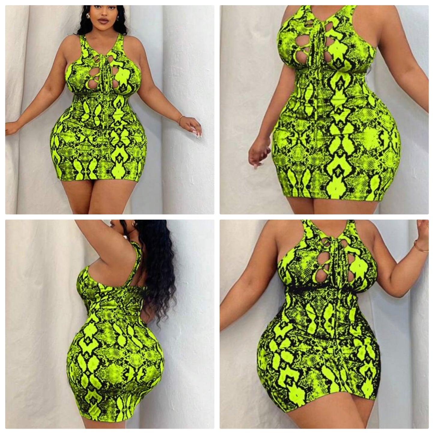 Plus Size Snake Print Hollow Out Lace-Up Butt Lifting Sexy Sleeveless Bodycon Dress COCOMONEY