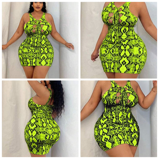 Plus Size Snake Print Hollow Out Lace-Up Butt Lifting Sexy Sleeveless Bodycon Dress COCOMONEY