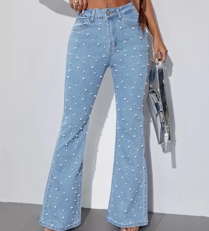 COCOMONEY JEANS FLARE FAUX PEARL EMBELLISHMENTS