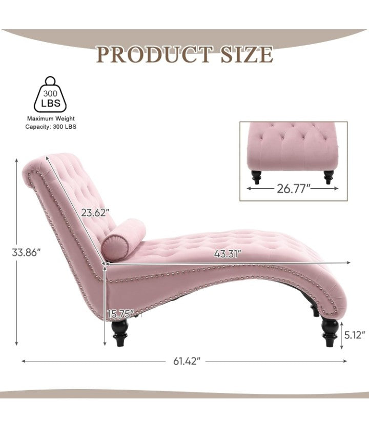 Velvet Chaise Lounge Indoor with Toss Pillow, Modern Pink Chaise Lounge Chair, Upholstered Armless Velvet Chairs with Tufted Buttons and Nail Heads for Living Room, Bedroom Furniture