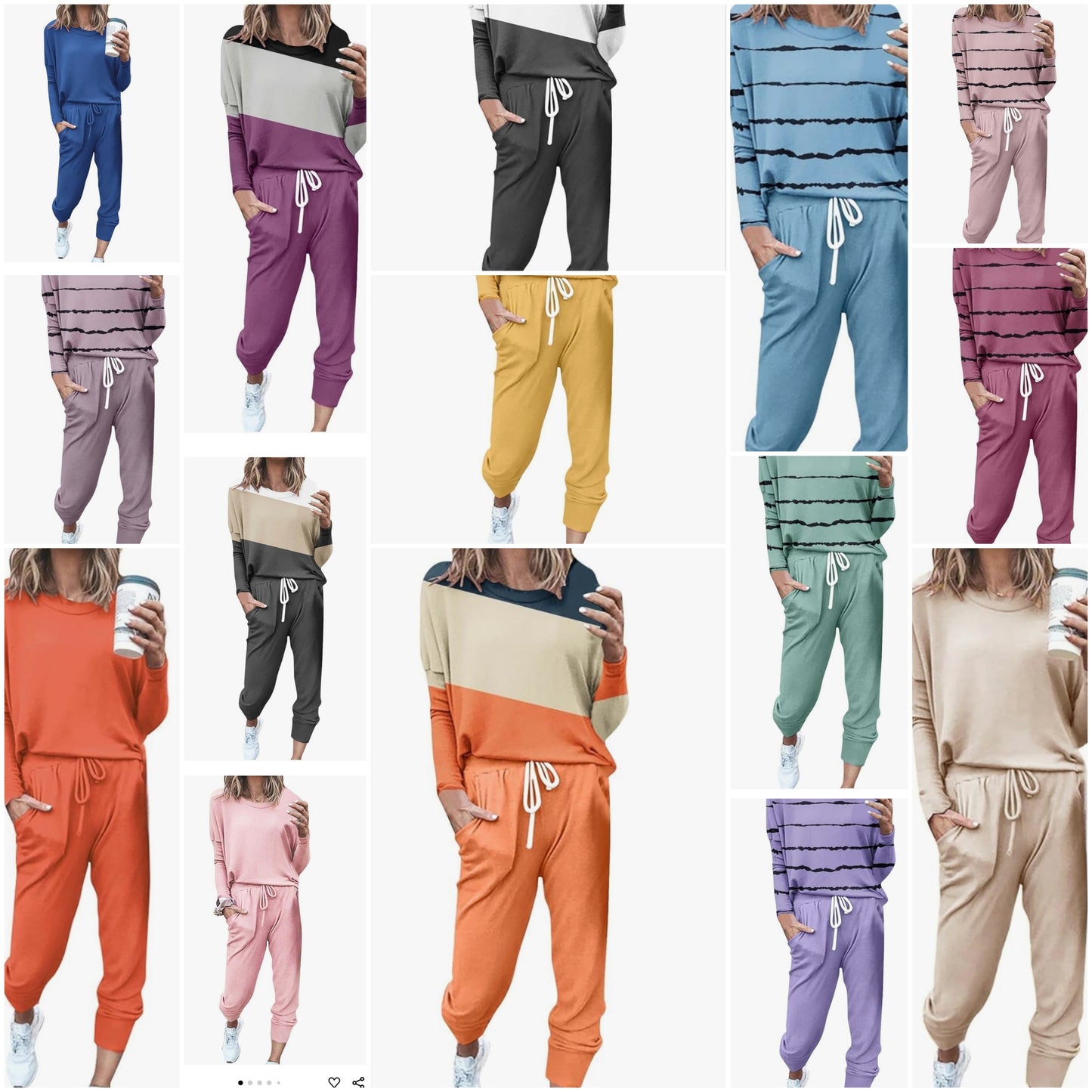 Two Piece Fall Outfits for Women 2024 Long Sleeve Striped/Color Block Tops and Pants Lounge Sets Tracksuit with Pocket