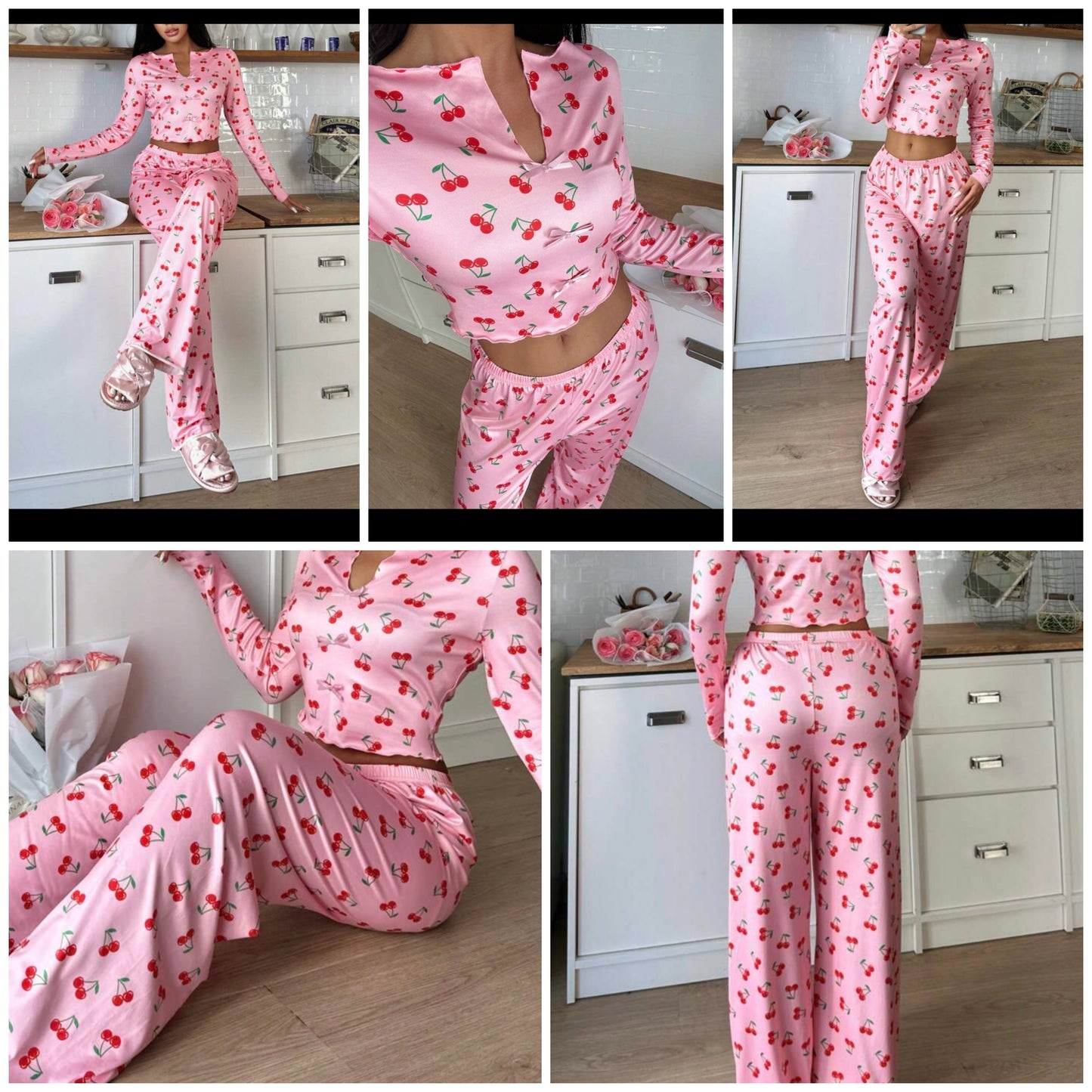 Cherry Pattern V-Neck Long Sleeve Top & Pants Pajama Set For Women