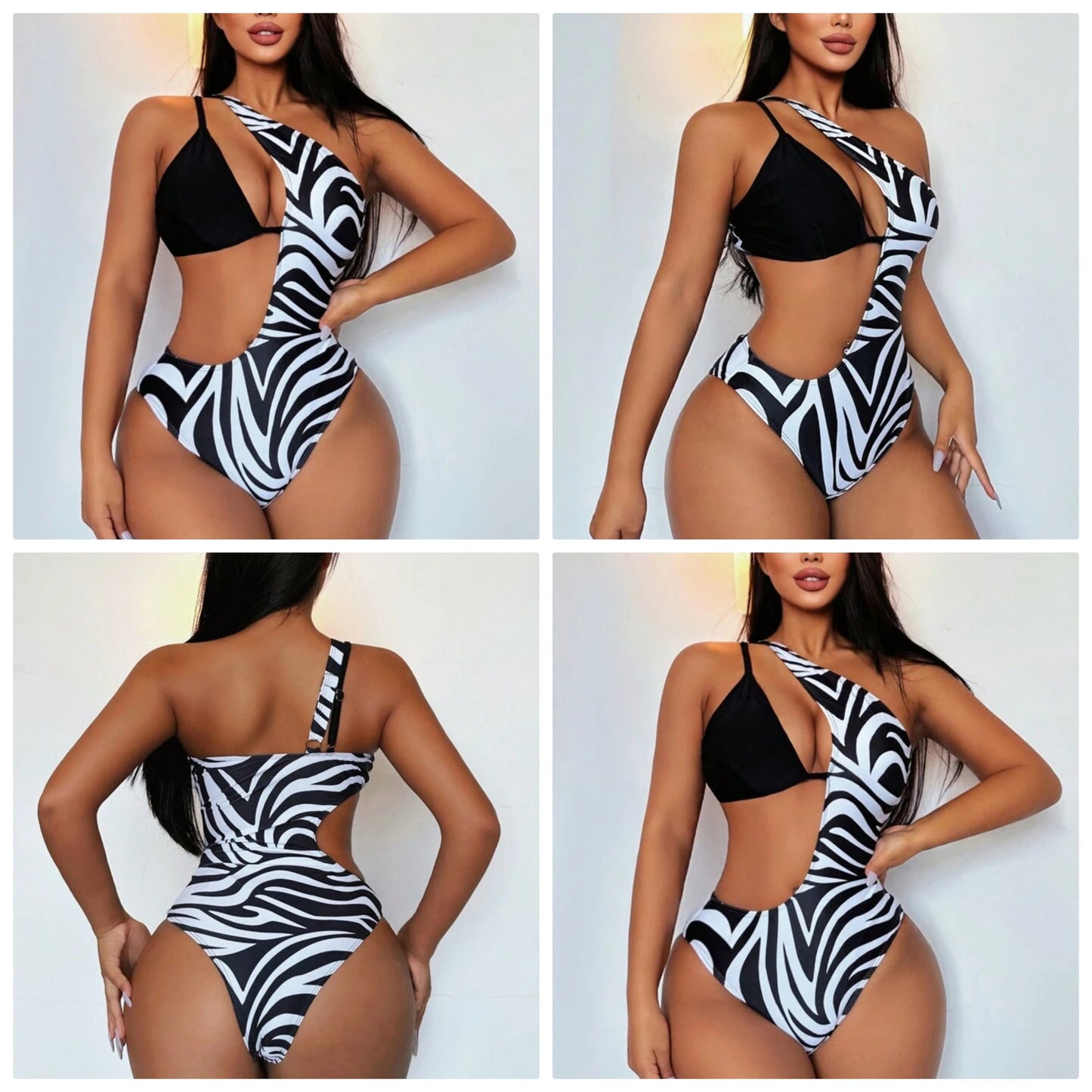 Zebra Print Cut-Out Back One-Piece Swimsuit COCOMONEY