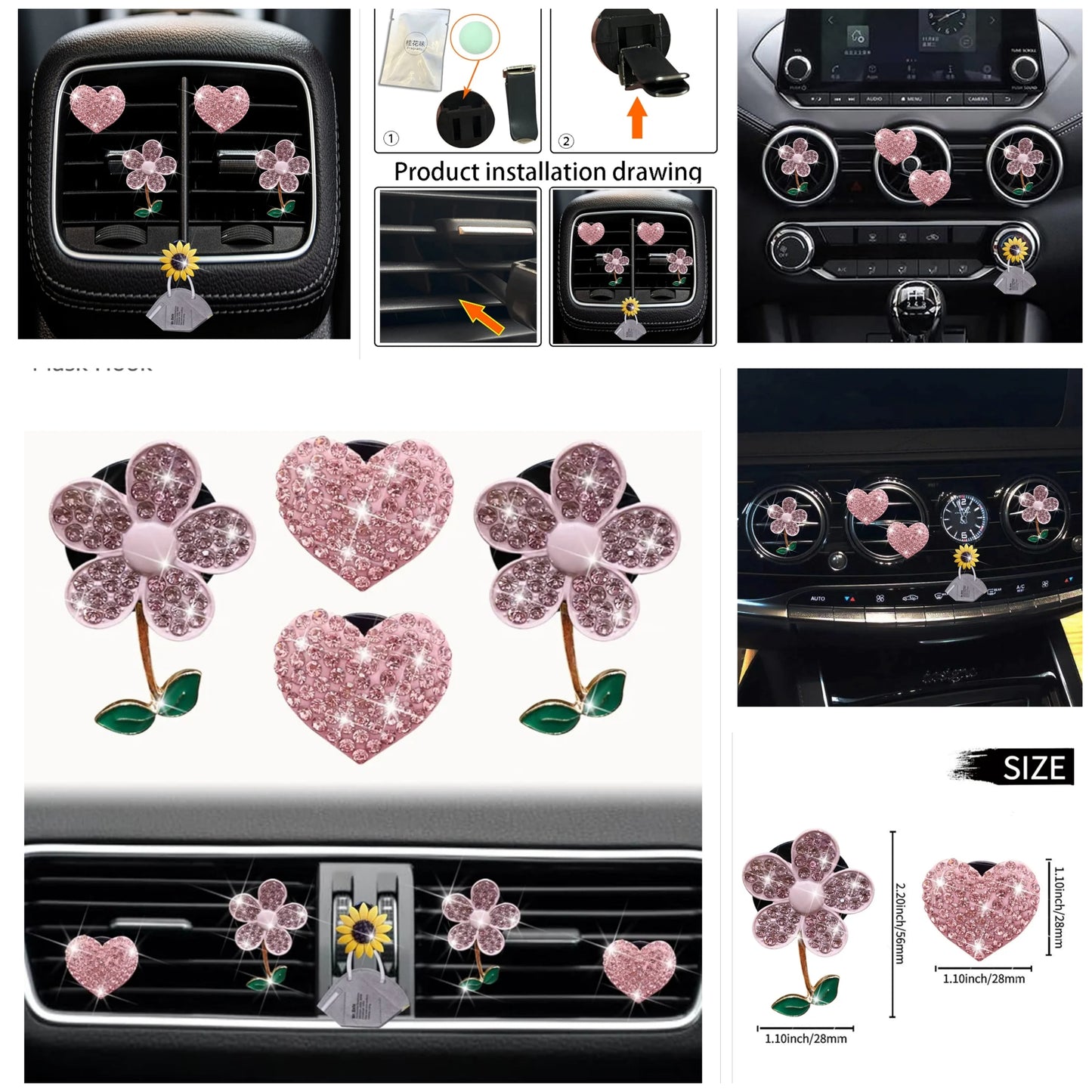 Bling Flower & Heart Air Vent Clips, 4 Pcs Pink Daisy Car Air Fresheners Vents Clips Car Diffuser Diamond Car Interior Decor Cute Car Accessories Car Decoration for Women + Mask Hook