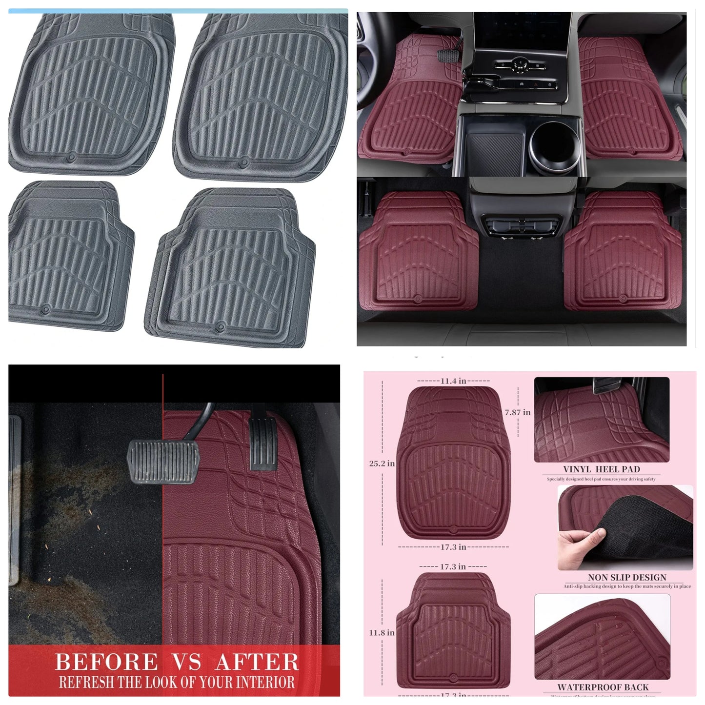 4 Piece Leather Car Floor Mats -3D Waterproof All Weather, Universal Trim to Fit & Anti-Slip Burr Bottom Safety & Light Easy Clean Install for SUV Truck Auto Sedan Van