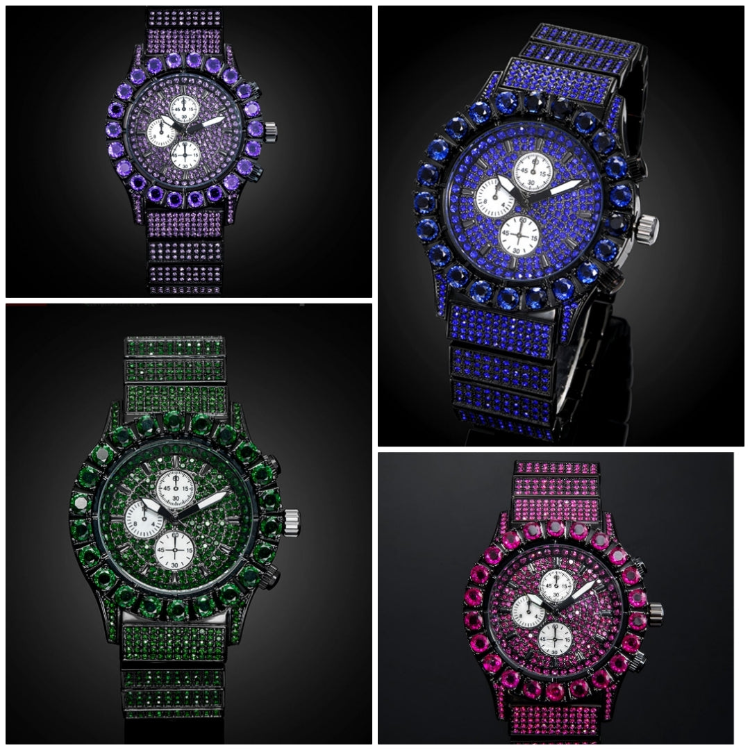 Iced Ruby Round Cut Luminous Men's Watch in Black Gold