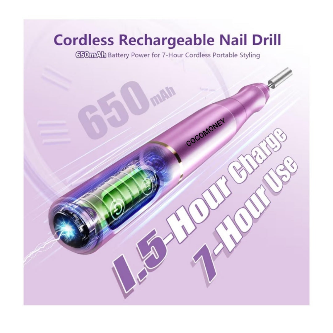Nail Drill Cordless Electric Nail File Kit Rechargeable Professional Efile Nail Set, Portable Acrylic Gel Nail Polish Remover Machine Pedicure Manicure Tool, 11 Bits 56 Sanding Bands Salon Home