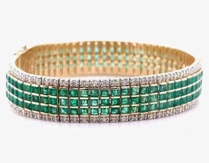 COCOMONEY 14K Gold Emerald and Diamond Tennis Bracelet, Emeralds 13.65 ct, Diamonds 2.64 ct