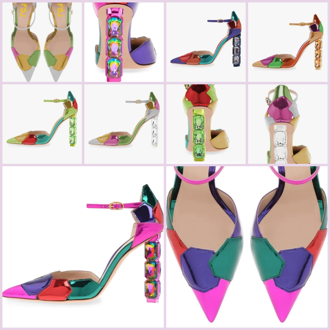 Shiny Crystal Heel Colorful Pointed Toe High Heel Ankle Strap Buckle