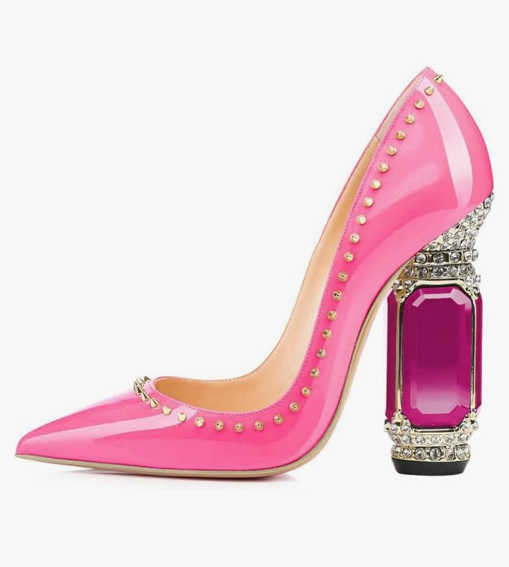 Pointed Toe Chunky Block High Heel Crystal Pumps Slip on Wedding Thick Comfort Luxury