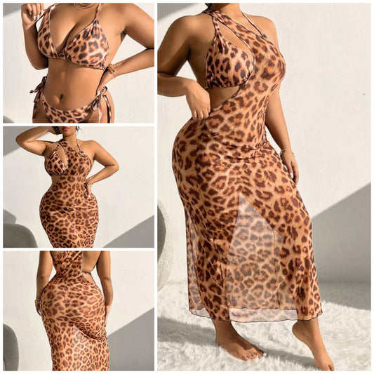 Plus Size Women's Leopard Printed Halter Neck Separated Bikini Set COCOMONEY
