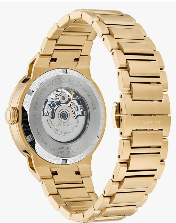 Versace Medusa Infinite Collection Luxury Womens Watch Timepiece with a Gold Bracelet Featuring a Gold Case and Black Dial