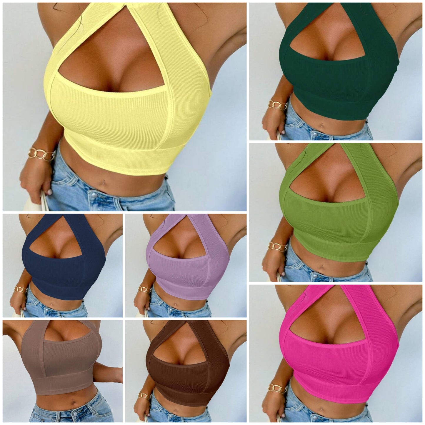 Sexy Solid Color Hollow-Out Halter Crop Top COCOMONEY