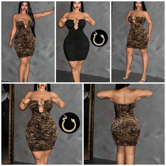 Plus Size Women Strapless Hollow-Out Sexy Zebra Leopard Print Tight Bodycon Dress COCOMONEY