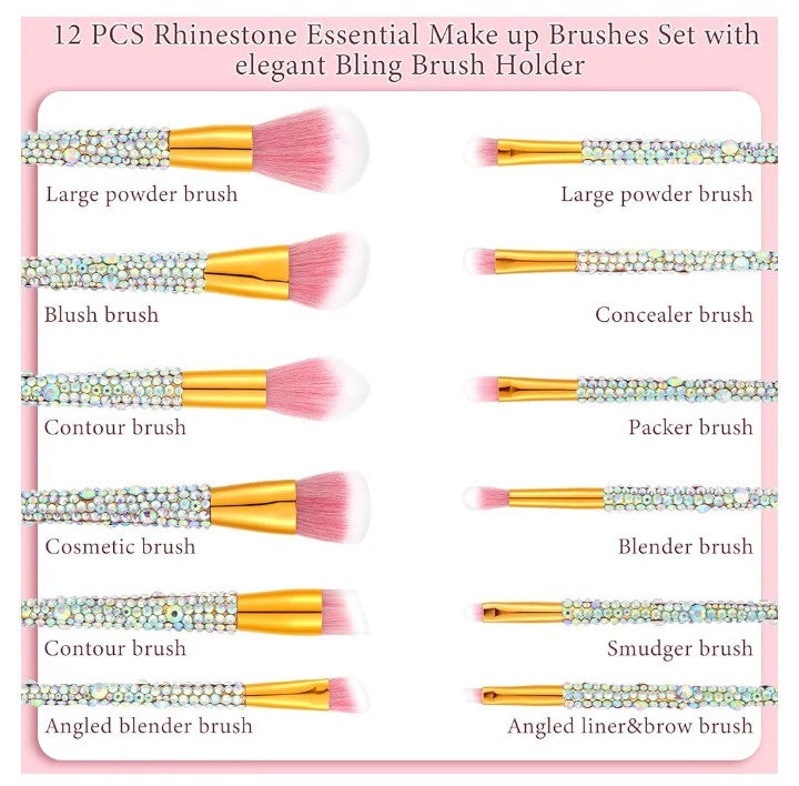 COCOMONEY 13 Pieces Rhinestone Makeup Brushes Set Bling Crystal Professional Face Cosmetics Blending Liquid Foundation Powder Concealer Eye Shadows Make up Beauty Tool Glitter with Holder