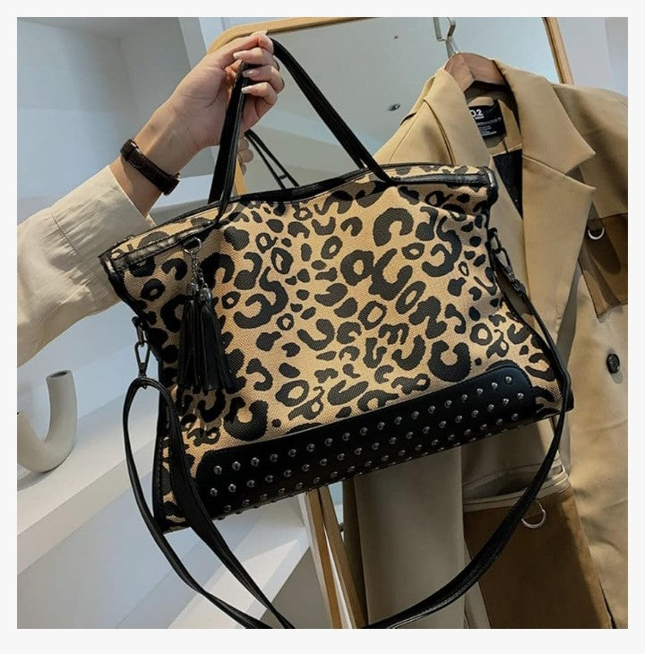 Oversized Leopard Purse,Women Studded Tote Handbags Animal Printing Punk Large Shoulder Bags Hobo Tassel Rocker Rivet