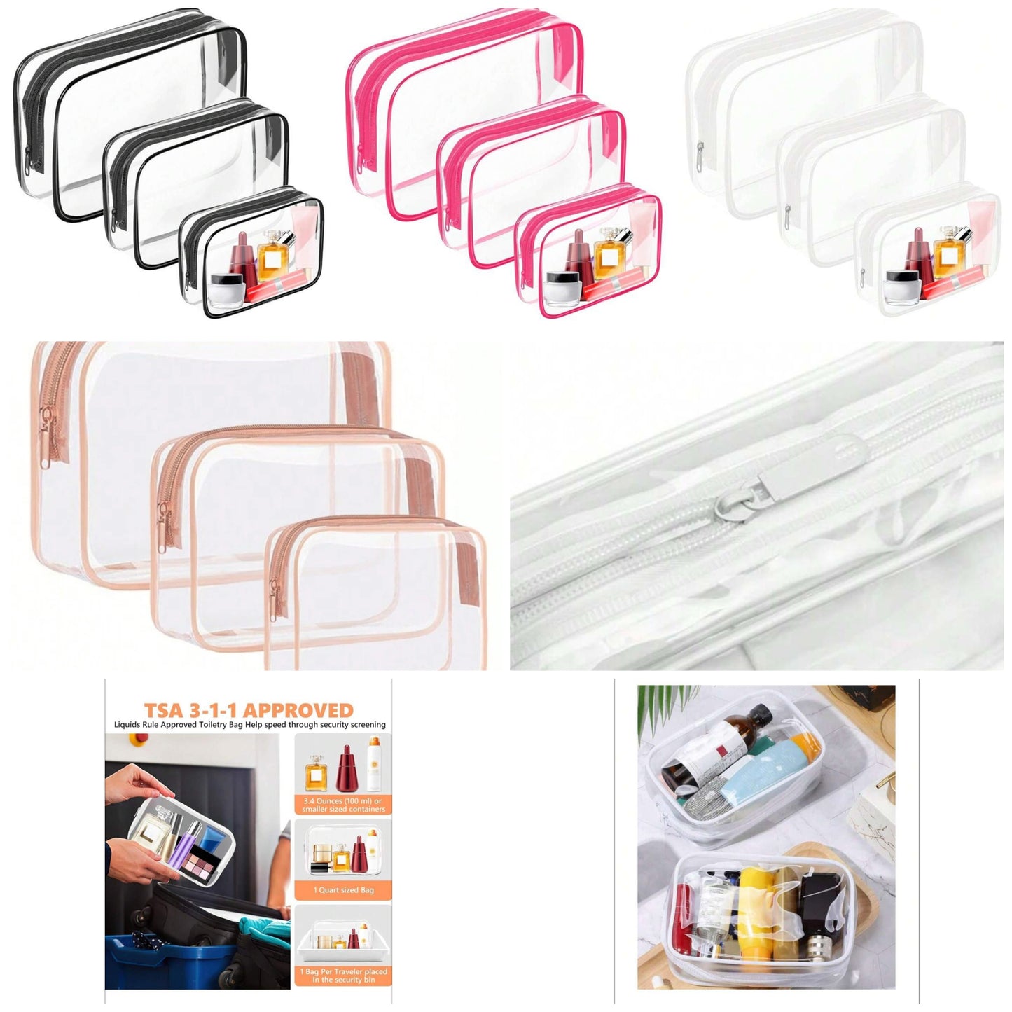3-Pieces Waterproof Clear Makeup Bag Summer Holiday Essentials,Travel Essentials - Lightweight, Versatile Travel Zipper Bag For Women's Toiletries And Accessories For Travel Storage Bag,Makeup Bag,Beach Bag,Cosmetic Bag,Vacation Organizer,Large Capacity
