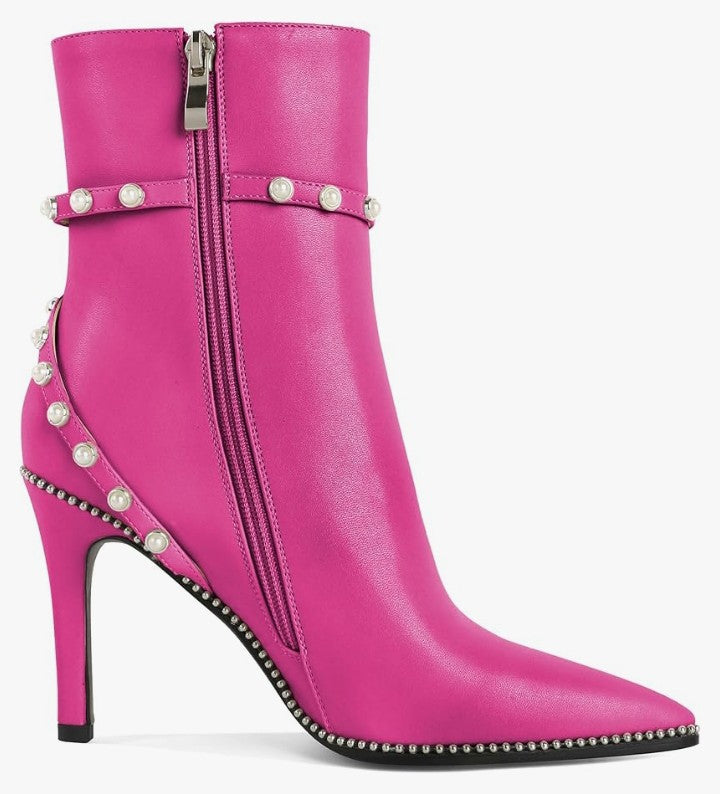Women Ankle Boots Short Bootie Close Pointed Toe Stiletto High Heel Booties Fashion Beaded Pearl Buckle Dress Shoes 4 Inch