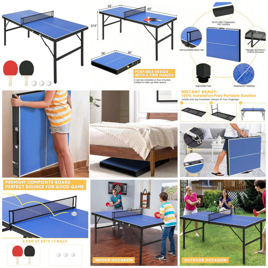 Portable Ping Pong Table,Indoor/Outdoor Ping Pong Table For Adults/Teens,Foldable Tennis Table With Net For Indoor Outdoor,Table Tennis Table With 2 Table Tennis Paddles And 3 Balls,60 X 26 X 27.5 Inch