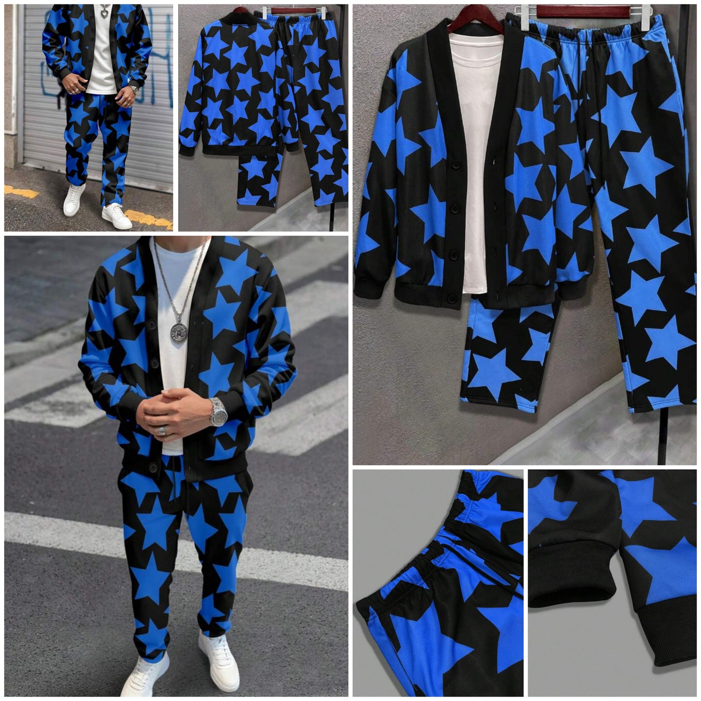 Men's Star Print Knitted Jacket And Pant Set COCOMONEY