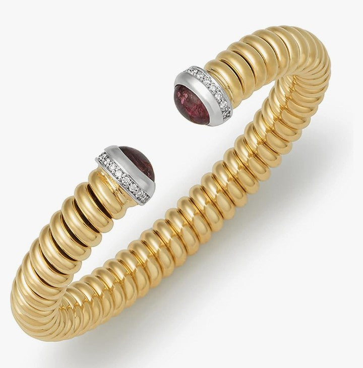 COCOMONEY 0.18 Ct Diamonds and Garnet 18k Yellow Gold High Polish Woven Ribbed Cuff Bangle Bracelet - Artistic Elegance