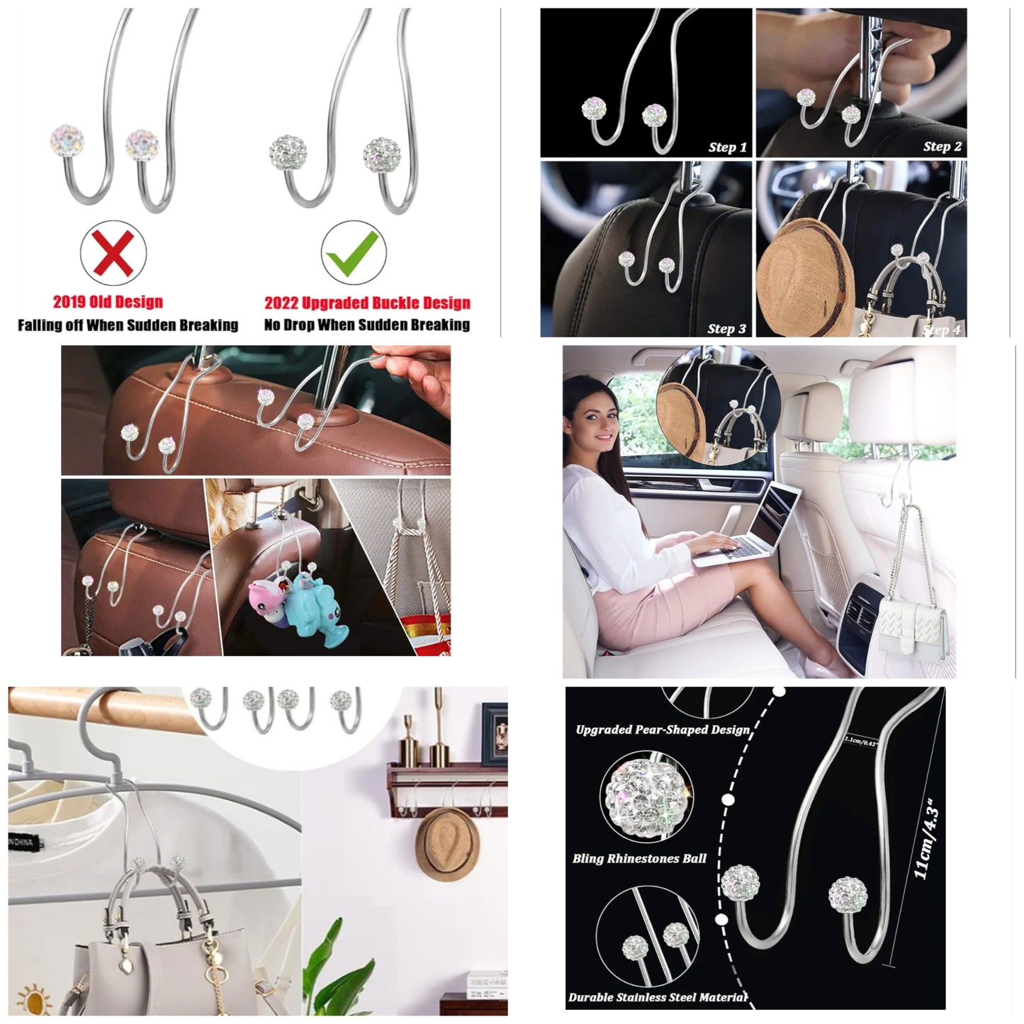 Bling Purse Hook for Car Headrest Hooks Upgraded Cute Car Seat Hooks for Headrest Car Bag Hooks Car Purse Holder Hook Hanger Bling Car Accessories for Women 2 Pack,Silver