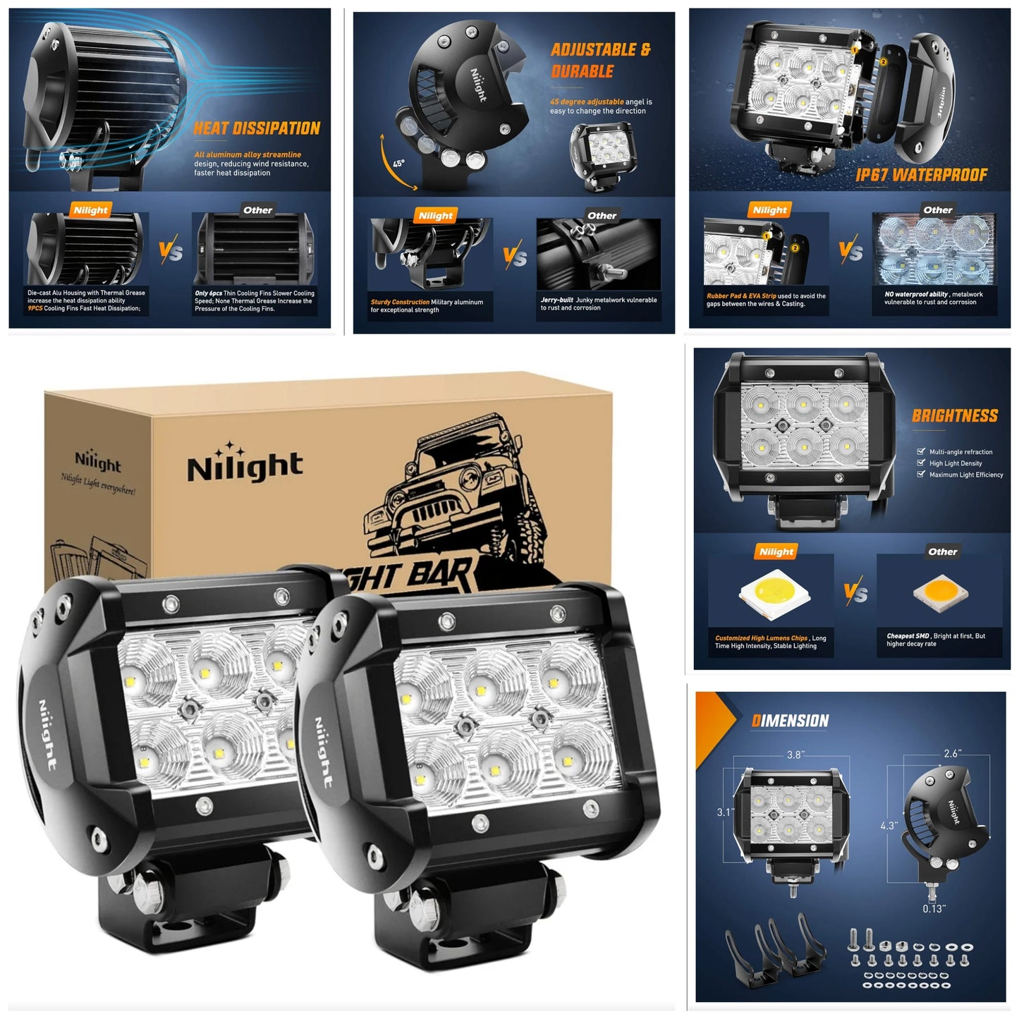 Led Pods 2Pcs 18W 1260LM Flood Led Off Road Lights Super Bright Driving Fog Boat Lights Led Work Light Bar for Trucks Pickup Golf Cart SUV ATV UTV 4x4 Van Camper