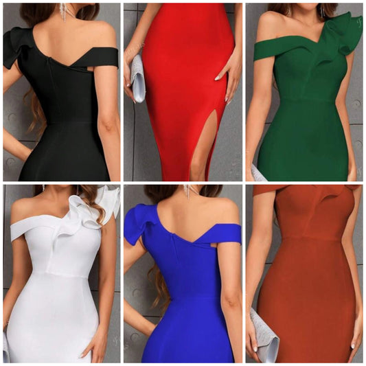 One Shoulder Ruffle Split Thigh Bodycon Bandage Dress For Cocktail Party COCOMONEY
