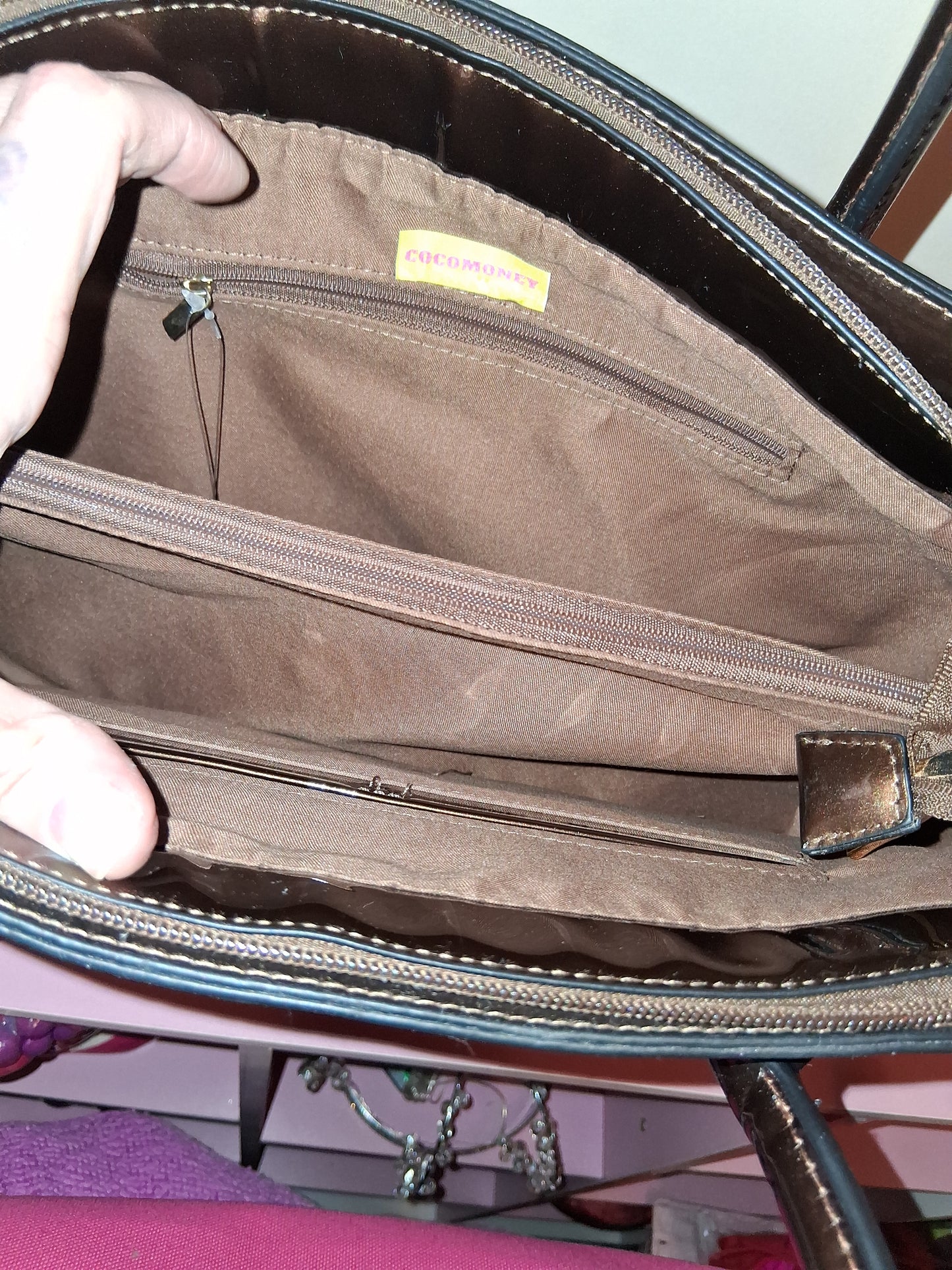 COCOMONEY HANDBAG ONLY 1 BROWN 14IN BY 10IN BY 4IN with strap pu