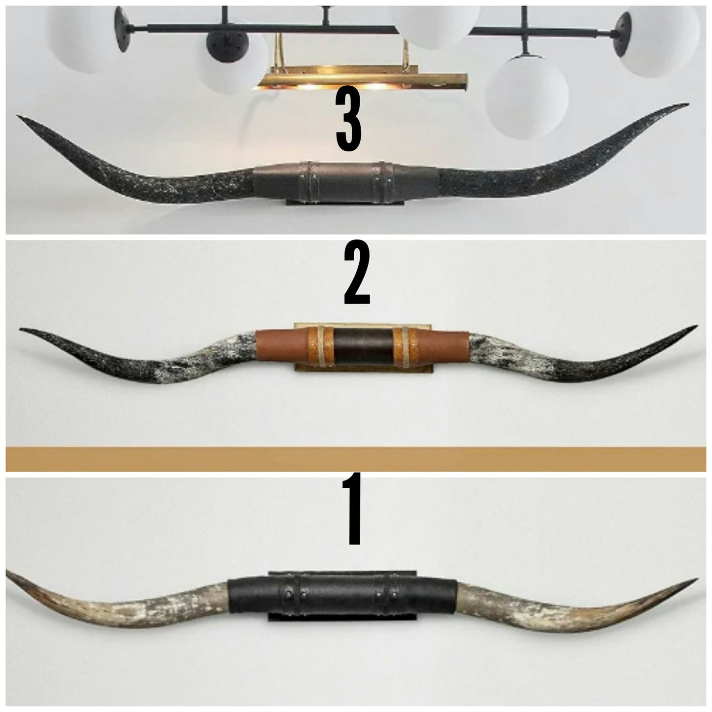 Authentic Real Bull Longhorn/Black Leather Horn Mount - Steer Horns/Unique Wall Hangings and Longhorn Wall Decor