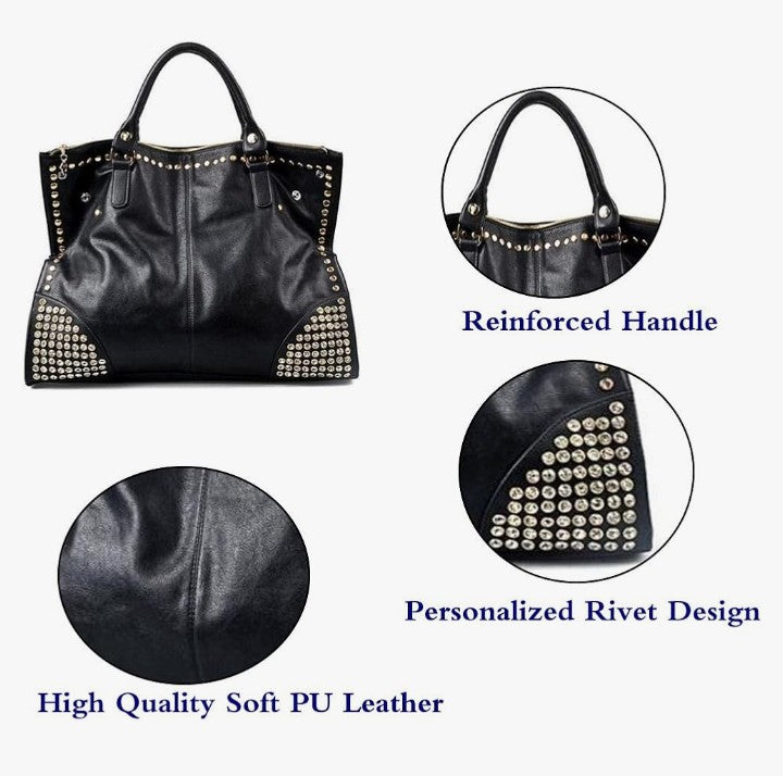 Handbag Purse Middle Size Top Handle Shoulder Crossbody Bag Gold Rivet Satchel Tote Black