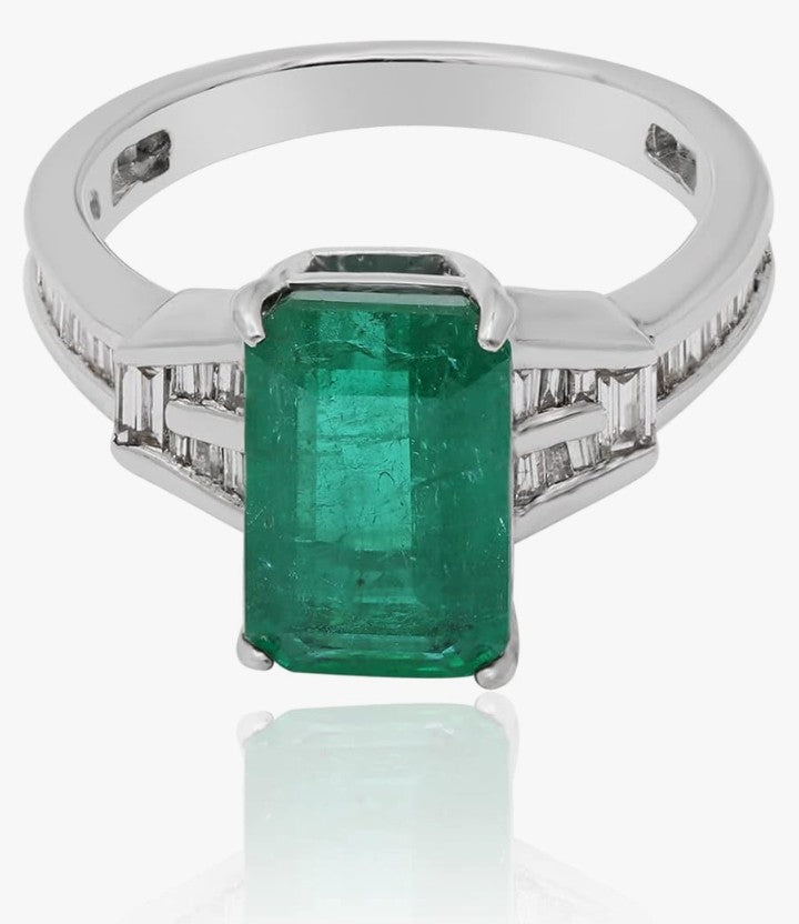 COCOMONEY Emerald Gemstone Solitaire Wedding Cluster Diamond Ring For Women 18k White Gold Indian Fine Statement Jewelry Gift For Birthday, Jewelry