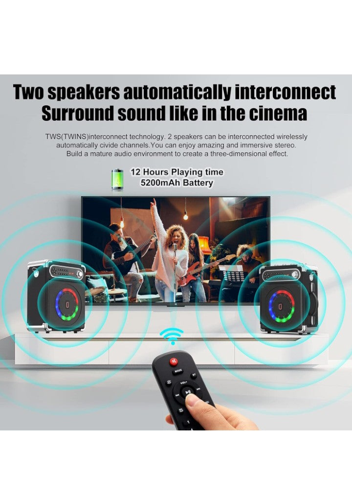 JYX Karaoke Machine with Two Wireless Microphones, Portable Bluetooth Speaker with Bass/Treble Adjustment, PA System with Remote Control, LED Lights,Supports TF Card/USB, AUX IN, FM, REC,TWS for Party