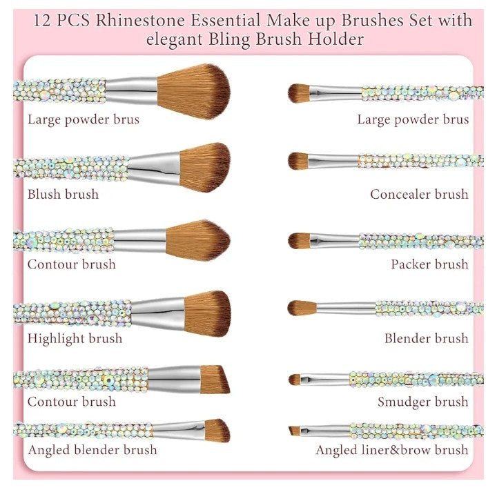 COCOMONEY 13 Pieces Rhinestone Makeup Brushes Set Bling Crystal Professional Face Cosmetics Blending Liquid Foundation Powder Concealer Eye Shadows Make up Beauty Tool Glitter with Holder