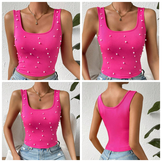 Pearls Beaded Crop Tank Top COCOMONEY
