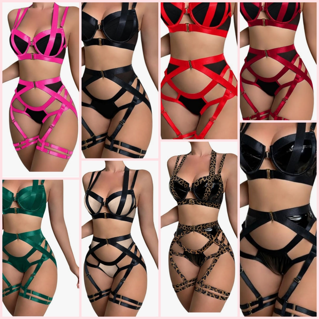 Sexy Strappy Underwire Push Up Garter Belt Women Lingerie Set Harness Cutout Outfits Matching Bra Panty 3 Piece Cocomoney