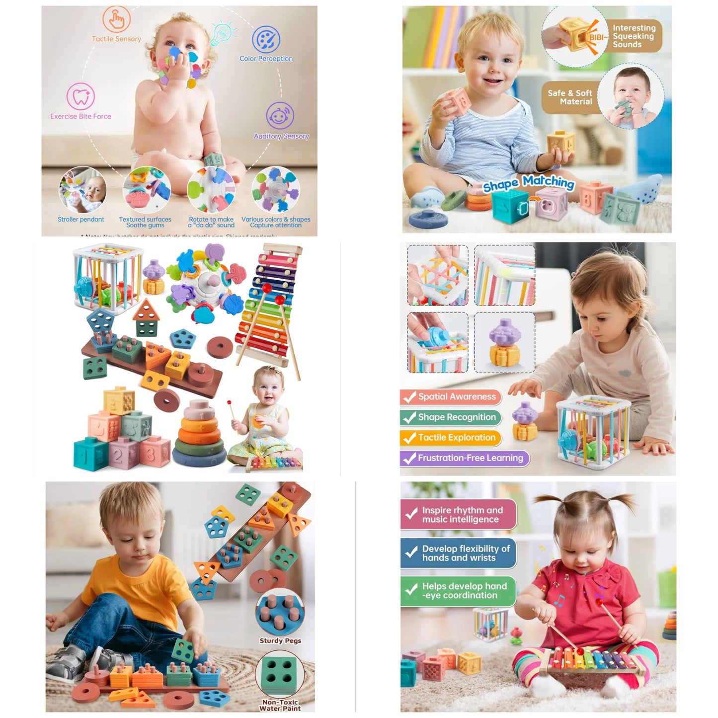 6 in 1 Montessori Baby Toys for 1 + Year Old, Infant Sensory Teething Toys for Babies 6-12 Months, Wooden Stacking Building Blocks Shape Sorter, Xylophone Musical Toy, Birthday Gift for Toddlers 1 2 3