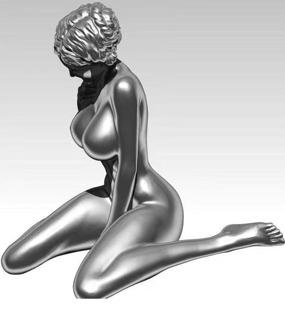 Nude Female Statue, Big Chest Busty Female Girl Statue, Kneeling Female Sculpture, Copper Body Girl, Silver Resin Crafts Decor, Sexy Body Sculpture Figurines, for Home Office Art Decoration, Silver