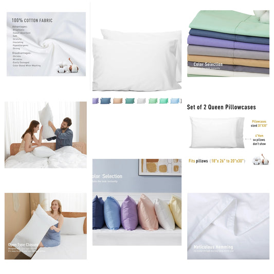 Queen Pillowcases Set of 2, 100% Cotton Queen Pillow Cases 2, 20×30 inches Bright White, Soft and Breathable
